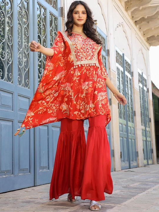 Scakhi Floral Printed V-Neck Pleated Mirror Work Kaftan Kurta With Sharara