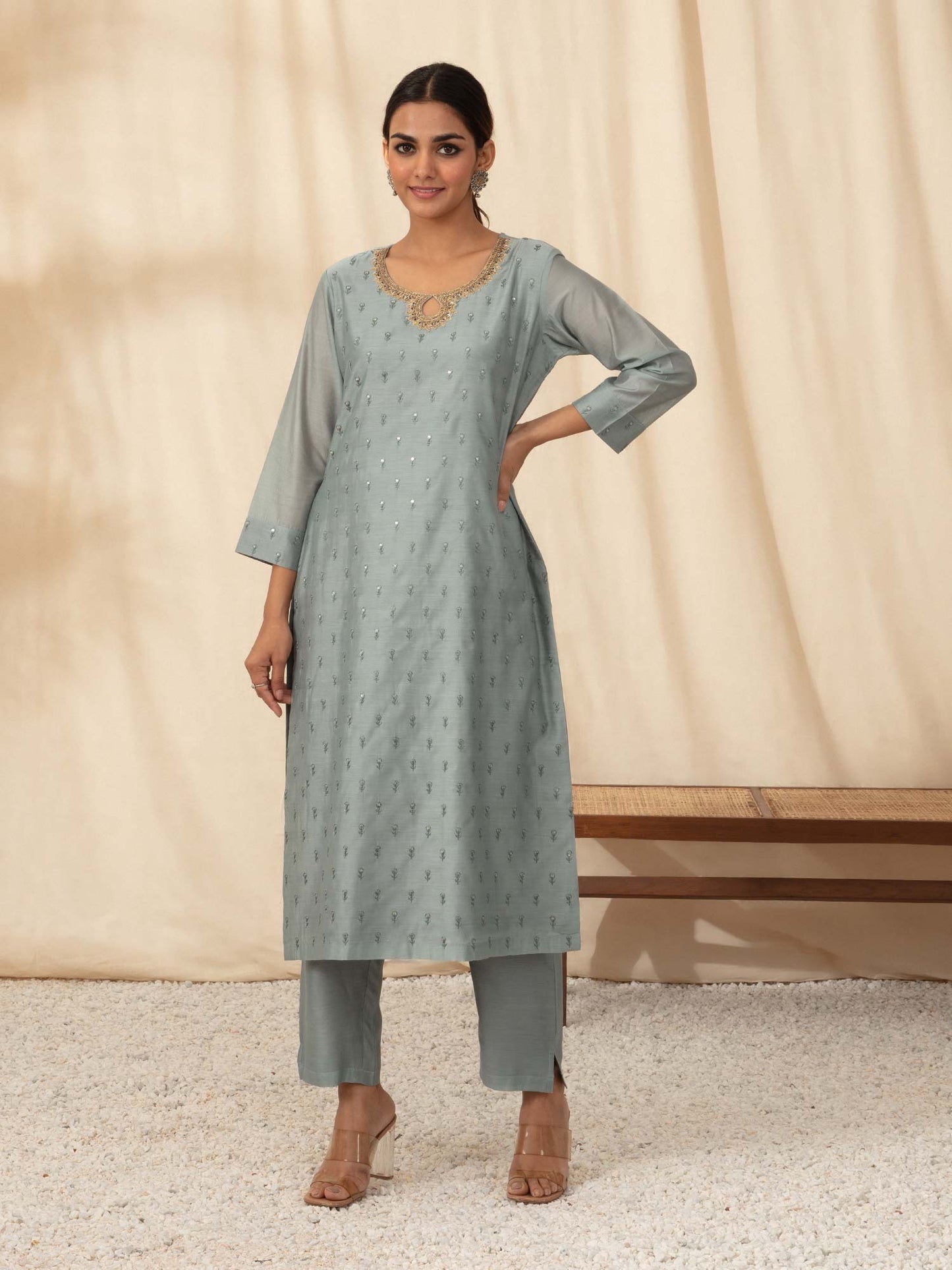 Likha Grey Embroidered Kurta Pant Dupatta LIKSKD56 (Set of 3)