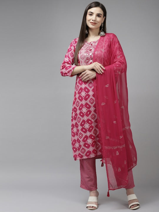 Yufta Women Fuchsia Pink & White Bandhani Sequinned Kurta with Trousers & With Dupatta