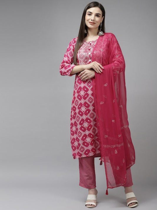 Yufta Women Fuchsia Pink & White Bandhani Sequinned Kurta with Trousers & With Dupatta