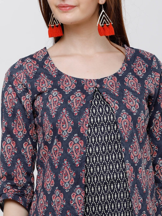 Vishudh Women Navy Blue and Pink Printed Layered A-Line Kurta