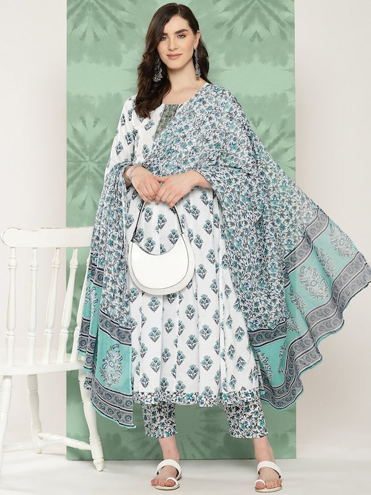 Yufta Women Ethnic Motifs Printed Regular Pure Cotton Kurta with Trousers & With Dupatta