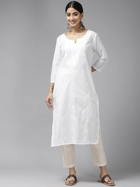Yufta Floral Chikankari Embroidered Regular Pure Cotton Straight Kurta