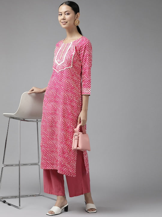 Yufta Women Pink Leheriya Printed Gotta Patti Kurta