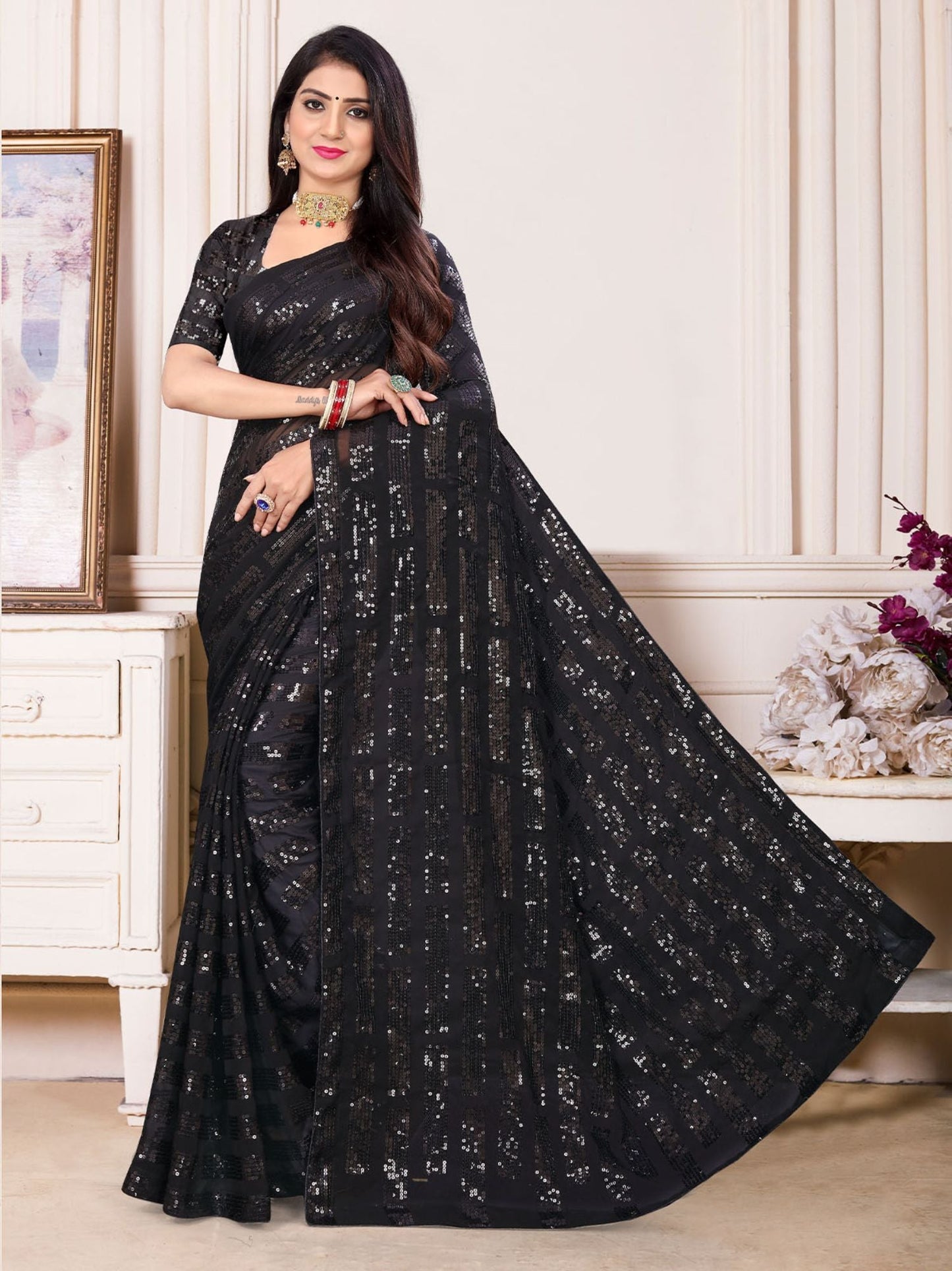Odette Sparkling Black Sequins Saree with Unstitched Blouse