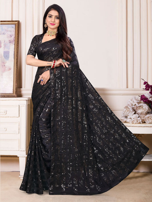 Odette Sparkling Black Sequins Saree with Unstitched Blouse