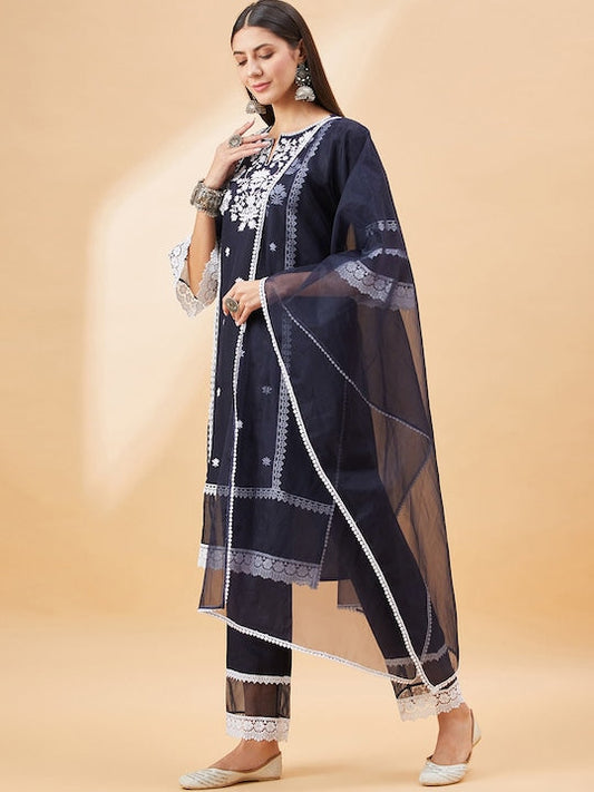 All about you Ethnic Motifs Embroidered Regular Liva Kurta With Trousers & Dupatta