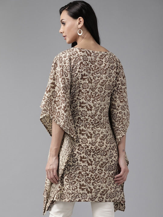 Yufta Women Coffee Brown & Beige Floral Printed Pure Cotton Kaftan Kurta