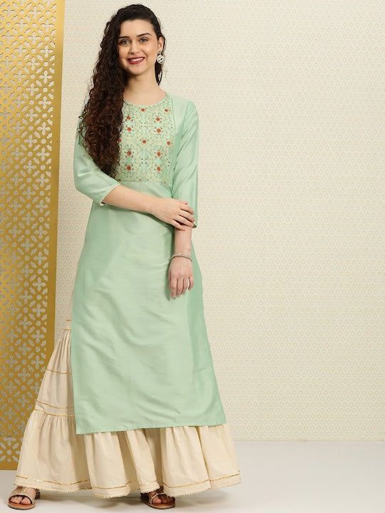 House of Pataudi Women Green Yoke Design A-Line Kurta