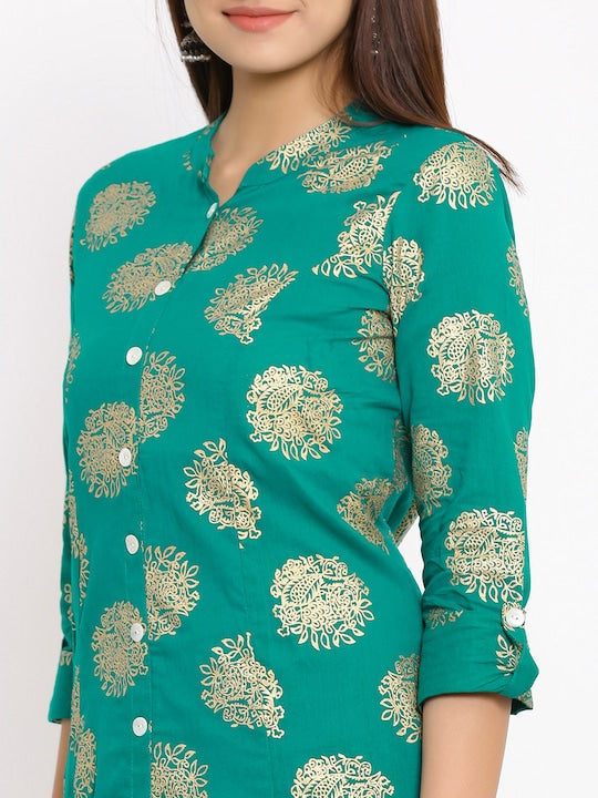 Here&now Green Mandarin Collar Ethnic Motifs Printed A-Line Kurta