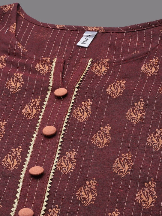 Yufta Women Ethnic Motifs Printed Notch Neck Pure Cotton Kurta with Trousers & Dupatta