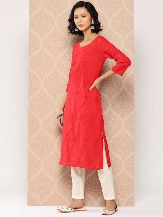 Yufta Floral Embroidered Chikankari Cotton Kurta Red