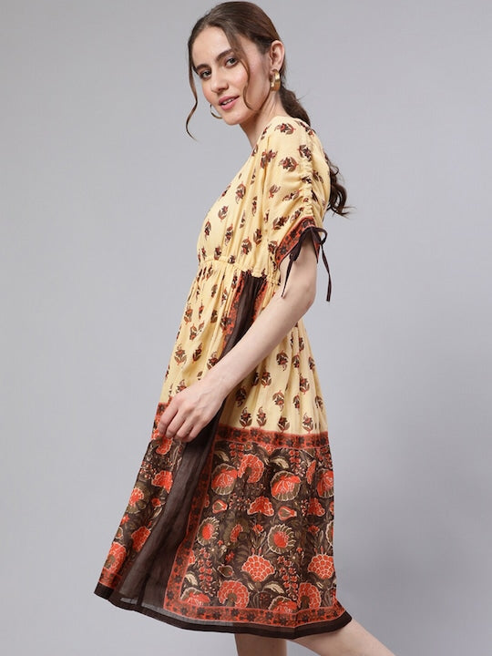 AKS Round Neck Ethnic Motifs Printed Tie-Ups Fit And Flare Knee Length Cotton Dress