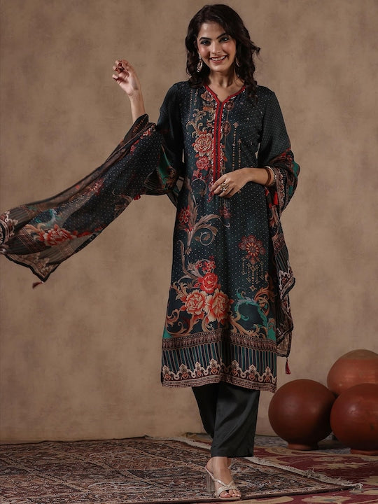 Scakhi Ethnic Motifs Printed Pakistani Style Kurta With Trousers & Dupatta