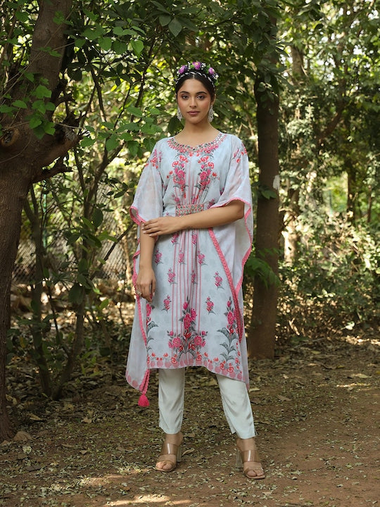 SCAKHI Floral Printed Mirror Work Kaftan Kurta with Trousers