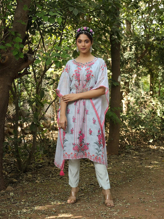 SCAKHI Floral Printed Mirror Work Kaftan Kurta with Trousers