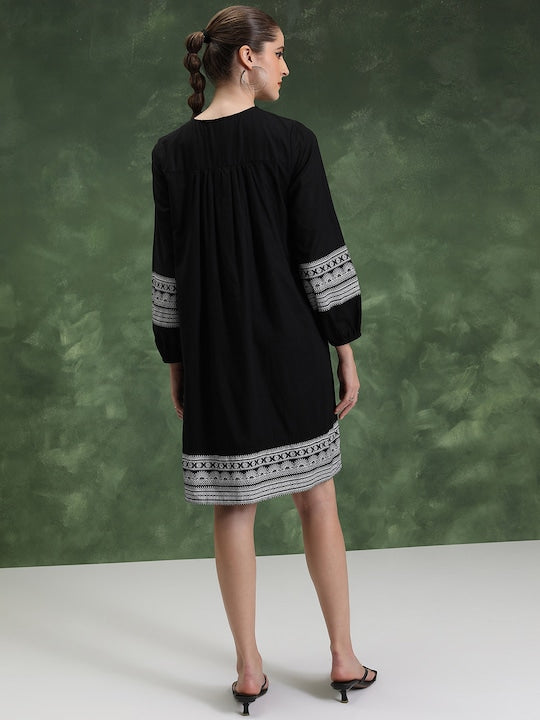 Vishudh Self Design Round Neck Self Design Cotton Embroidered A-Line Above Knee Dress