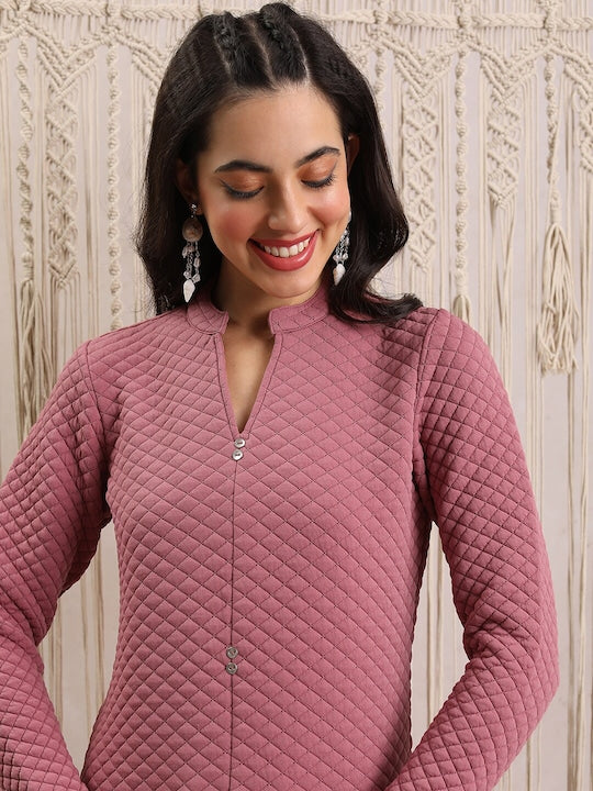 Vishudh Geometric Woven Design Mandarin Collar Quilted Detail Straight Kurta