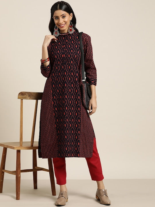 Sangria Women Navy Blue & Rust Red Pure Cotton Abstract Printed Mirror Work Detail Kurta
