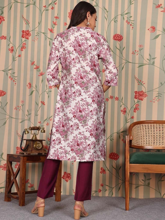 House of Pataudi Ethnic Motifs Printed Straight Chanderi Silk Kurta with Trousers
