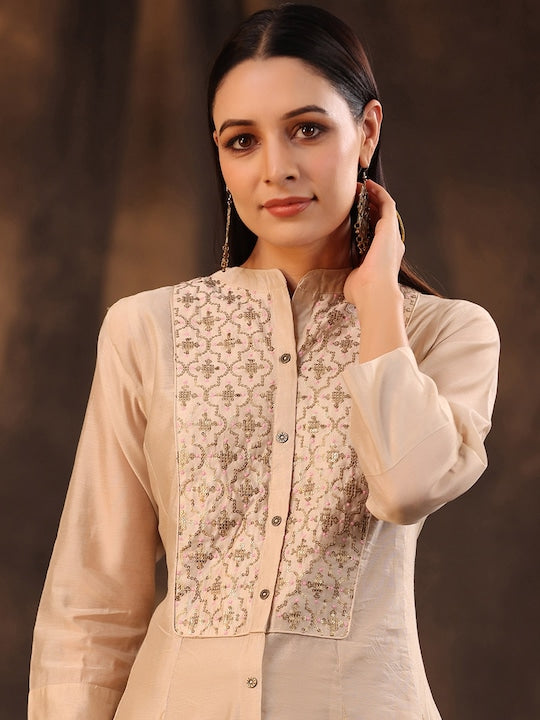 Juniper Women Beige & Golden Foil Print Layered Anarkali Kurta