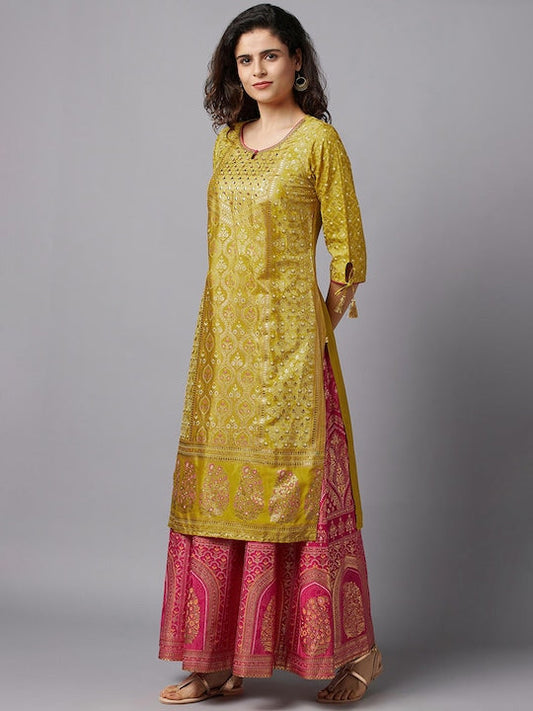 Aurelia Women Green & Gold-Toned Ethnic Motifs Kurta