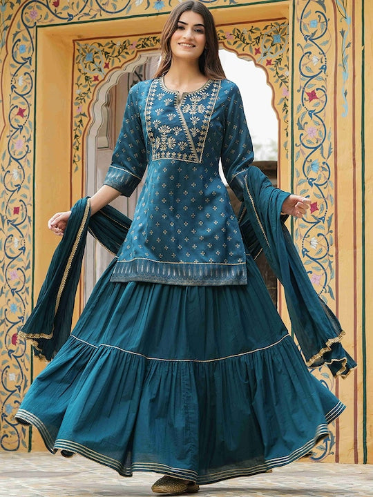 Juniper Ethnic Motifs Printed Regular Kurta with Skirt & Dupatta