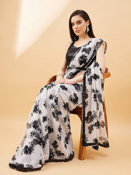 All about you White Floral Printed Pure Georgette Saree
