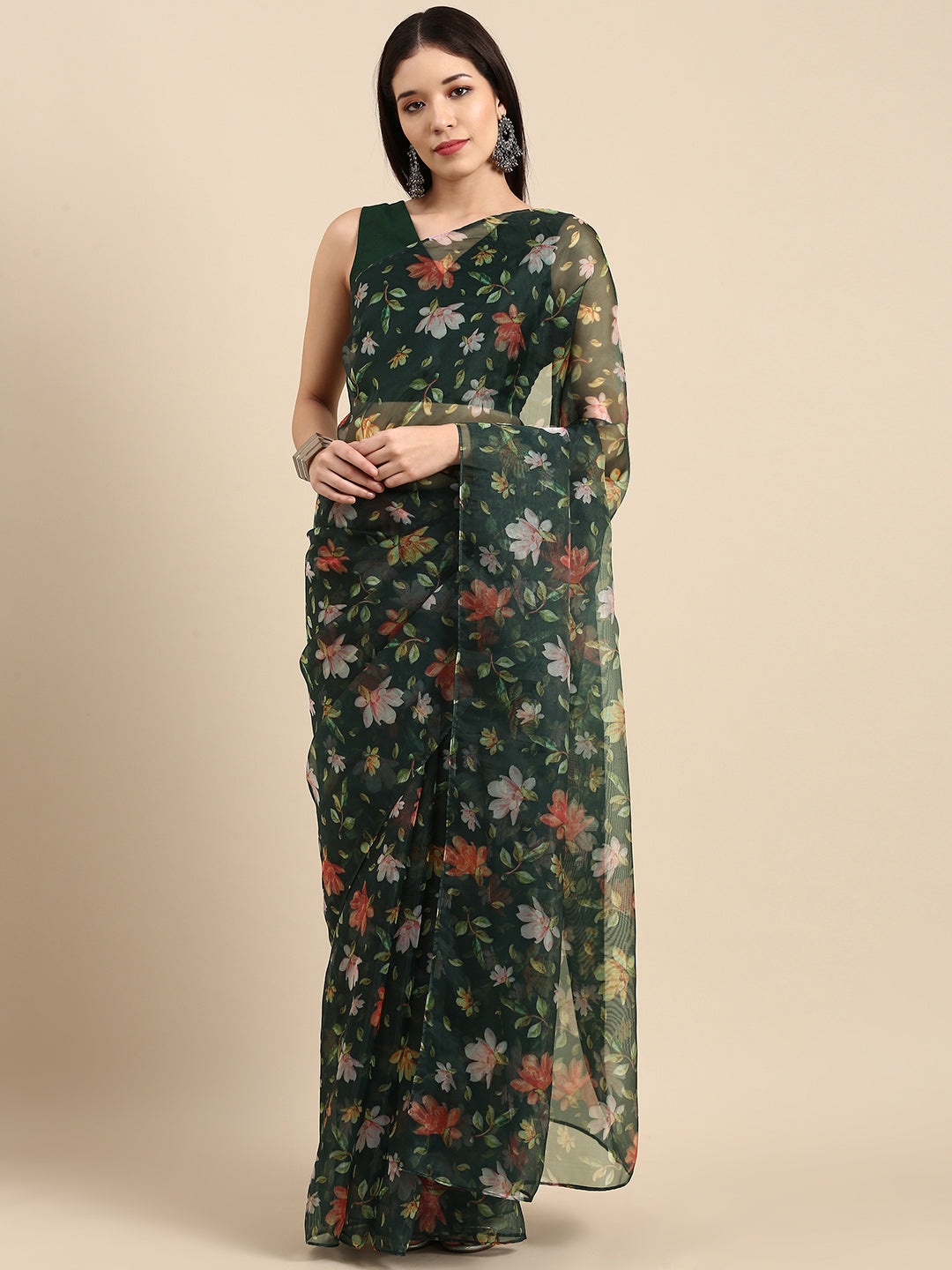 Sangria Green Floral Organza Saree