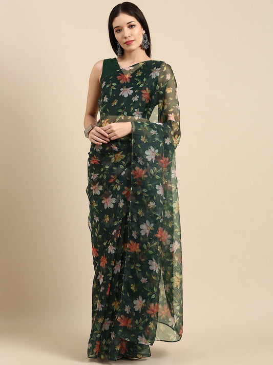 Sangria Green Floral Organza Saree