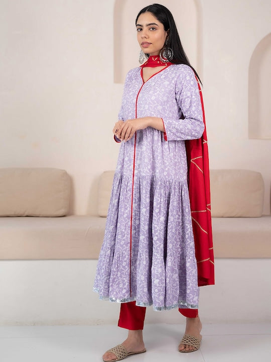 Myshka V-Neck Floral Printed Anarkali Kurta with Trousers & Dupatta