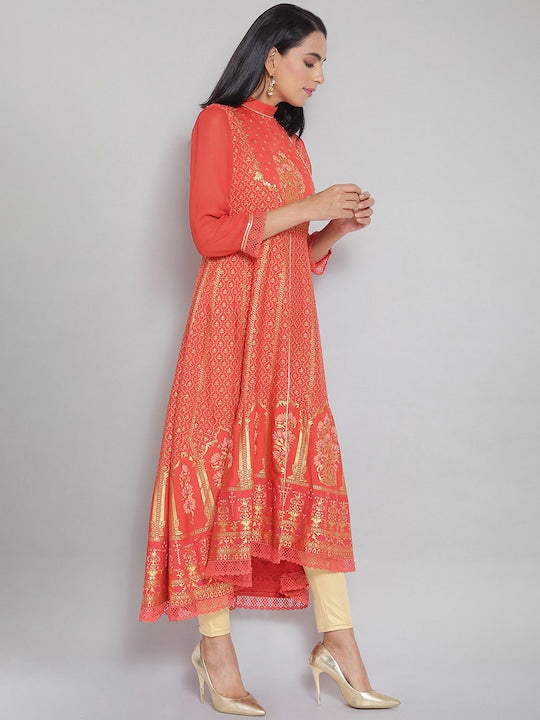 Aurelia Women Orange Paisley Embroidered Flared Sleeves Anarkali Kurta