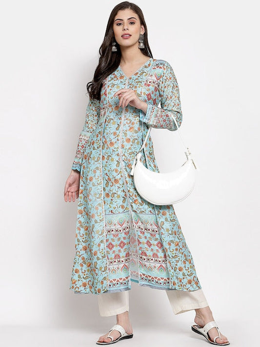 Myshka Women Turquoise Blue & Red Ethnic Motifs Printed Gotta Patti Kurta - S