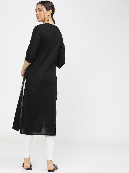 Vishudh Women Black & White Ethnic Motifs Printed Cotton Kurta