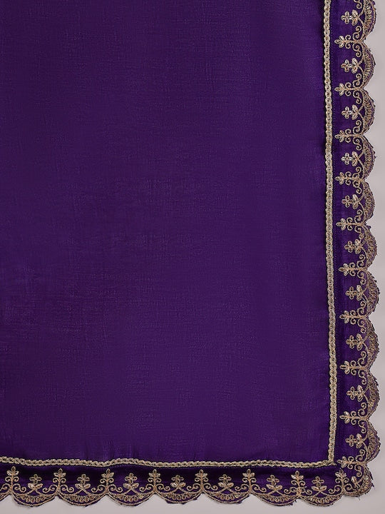 Sangria Embroidered Zardosi Zari Sequined Velvet A-Line Kurta With Palazzos & Dupatta