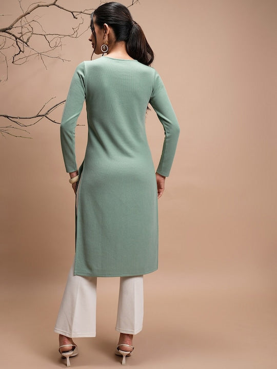 Vishudh Ethnic Motifs Yoke Designed Thread Work Straight Kurta