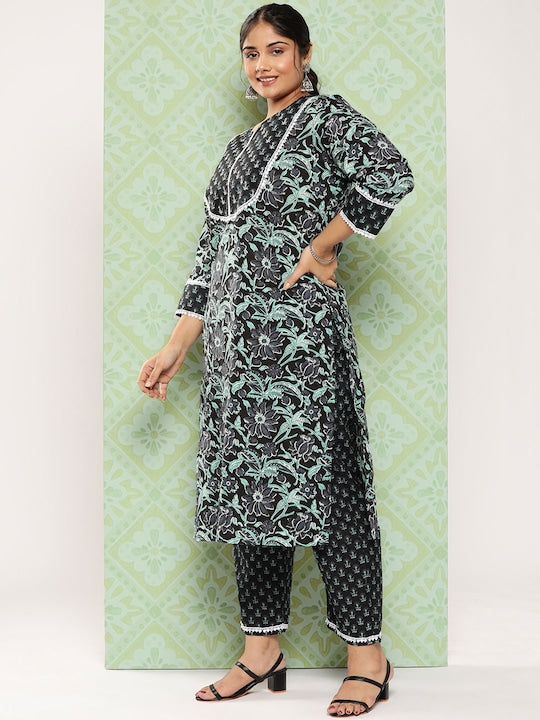 Yufta Plus Size Floral Printed Sequinned Pure Cotton Kurta with Trousers & Dupatta