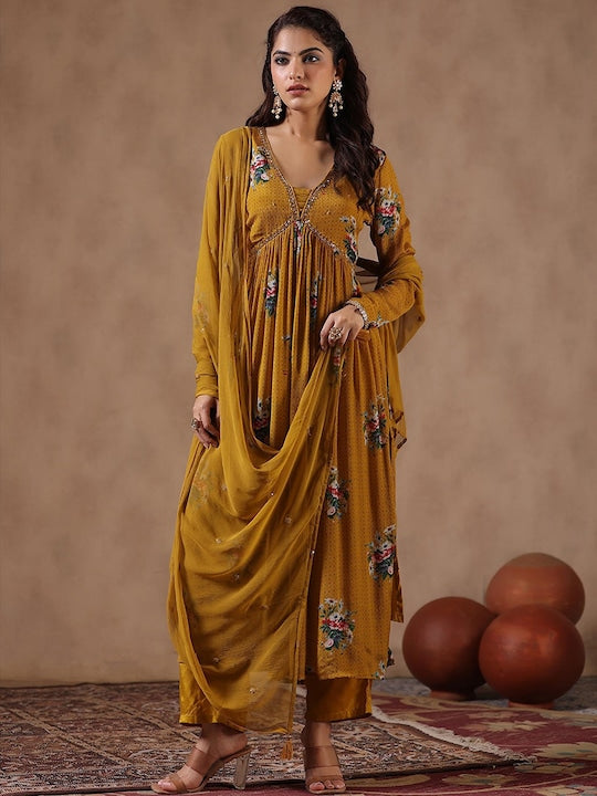 ScakhiI Floral Printed Empire Sequinned Kurta With Trousers & Dupatta