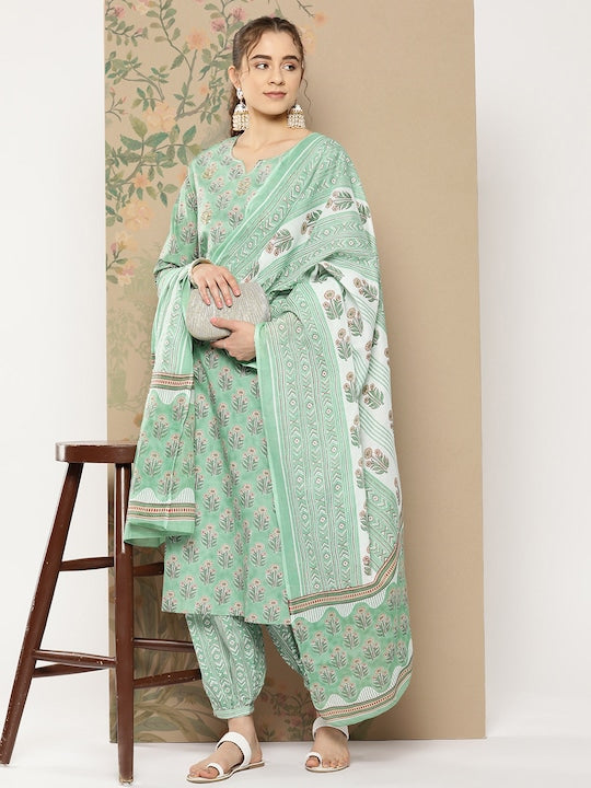 Yufta Women Sea Green Floral Printed Regular Pure Cotton Kurta with Harem Pants & With Dupatta