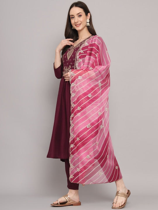 Myshka Ethnic Motifs Embroidered Gotta Patti Pure Silk Kurta With Trousers & Dupatta