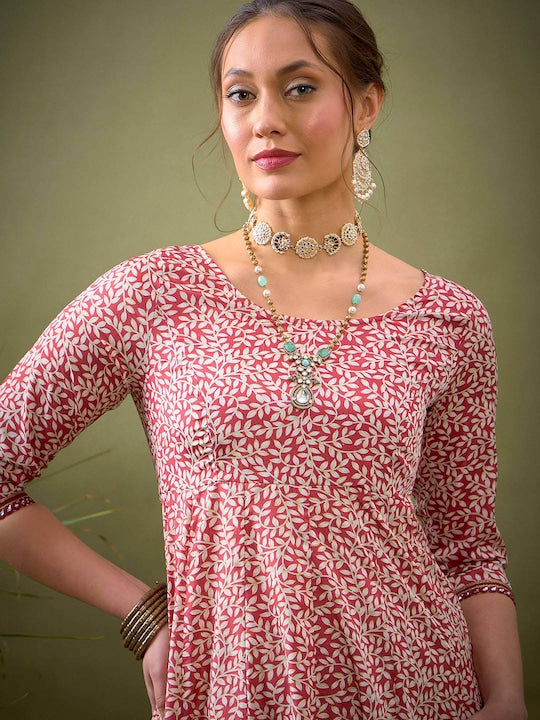 Shae by Sassafras Embroidered Flared Sleeves Round Neck Mirror Work Anarkali Kurta