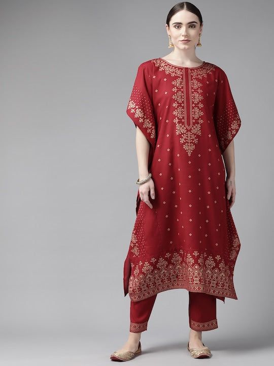 Yufta Women Red Ethnic Motifs Printed Kaftan Kurta with Trousers