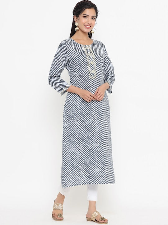 Yufta Women Grey Ethnic Motifs Striped Mirror Work Kurta - M