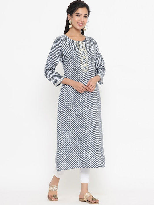 Yufta Women Grey Ethnic Motifs Striped Mirror Work Kurta - M