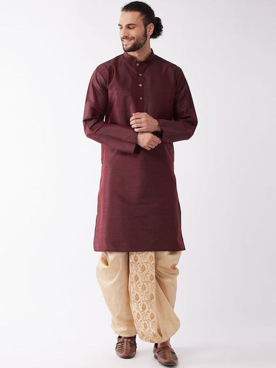 Vastramay Men Burgundy Regular Kurta with Dhoti Pants