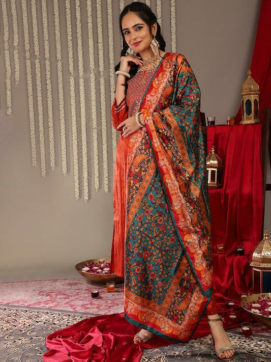 Varanga Women Rust Yoke Design Kurta with Trousers & With Dupatta