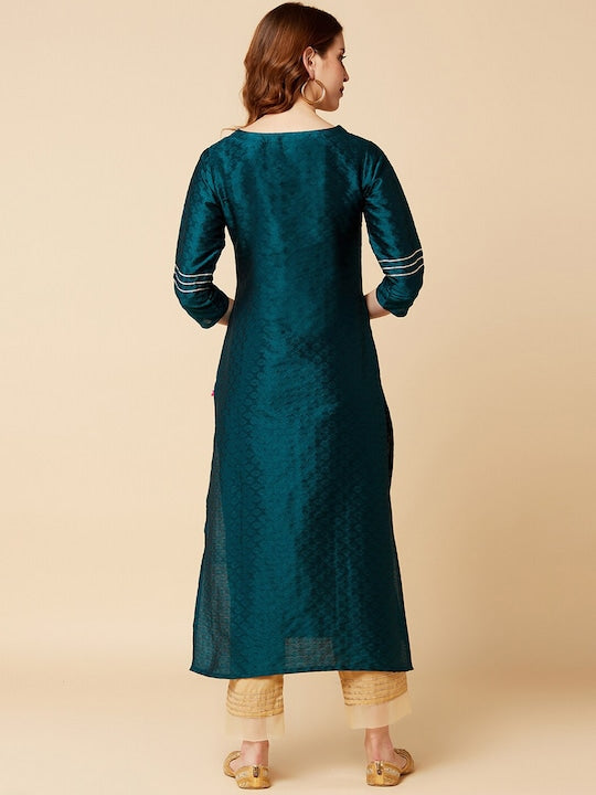 Varanga Women Green & Gold-Toned Embellished Yoke Design Straight Kurta