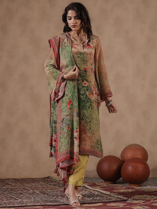 Scakhi Ethnic Motifs Printed Regular Silk Crepe Kurta with Trousers & With Dupatta