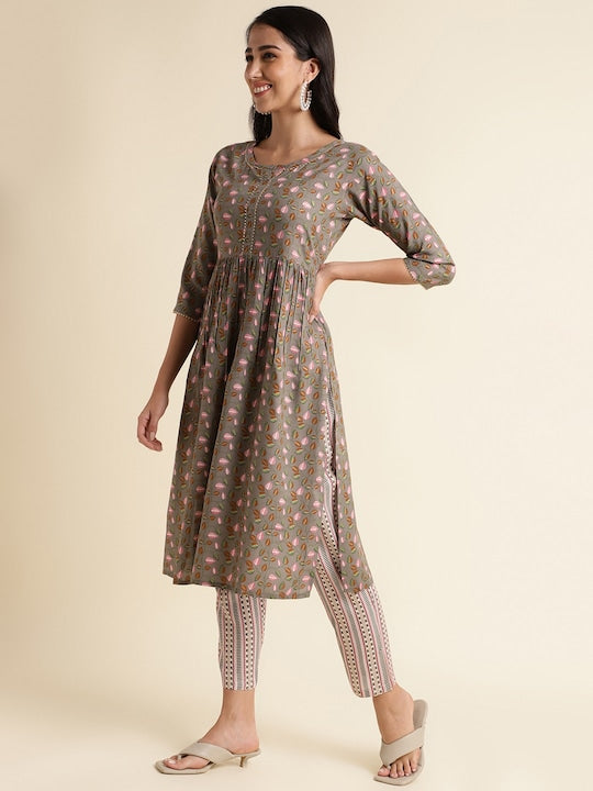 Fabclub Floral Printed Pleated Gotta Patti Kurta with Trousers