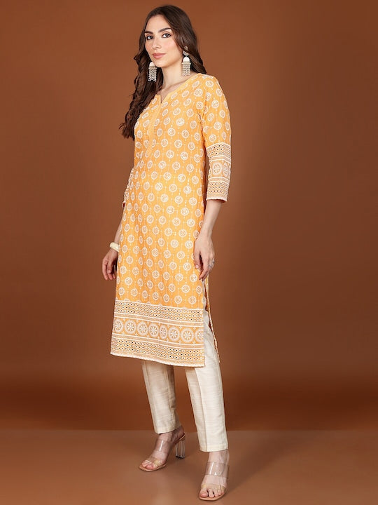 Vishudh Yellow Ethnic Motifs Embroidered Thread Work Straight Kurta